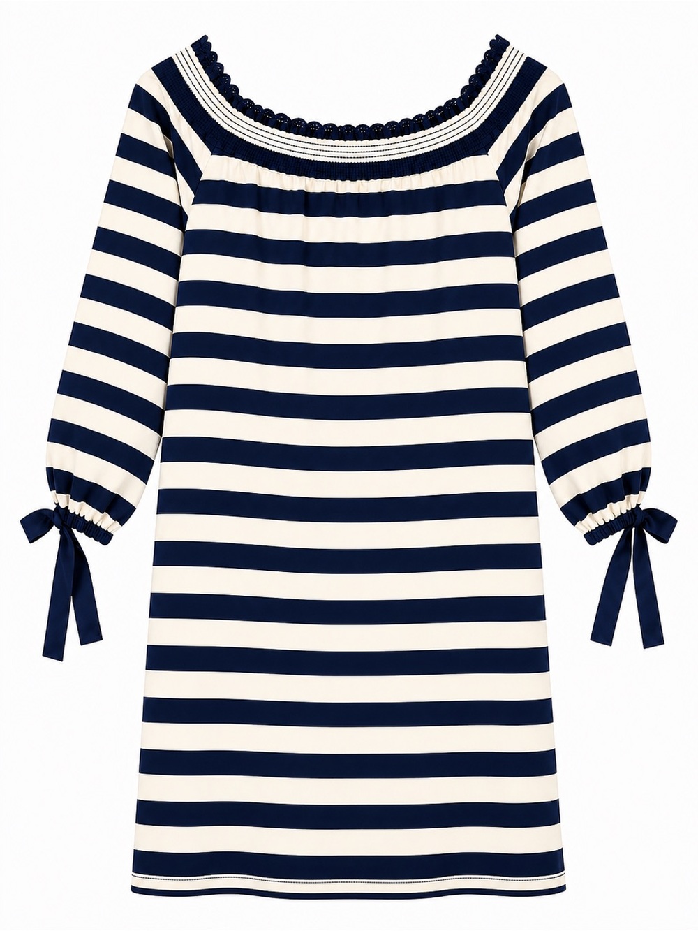 J. Crew Navy and Cream Striped Off-Shoulder Dress